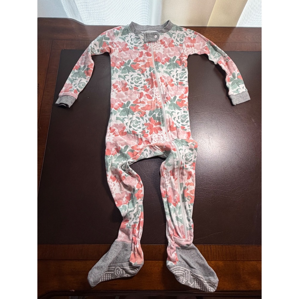 Burts Bees Baby 18M Floral Organic Cotton Zip Front Footed Sleeper Pink Grey